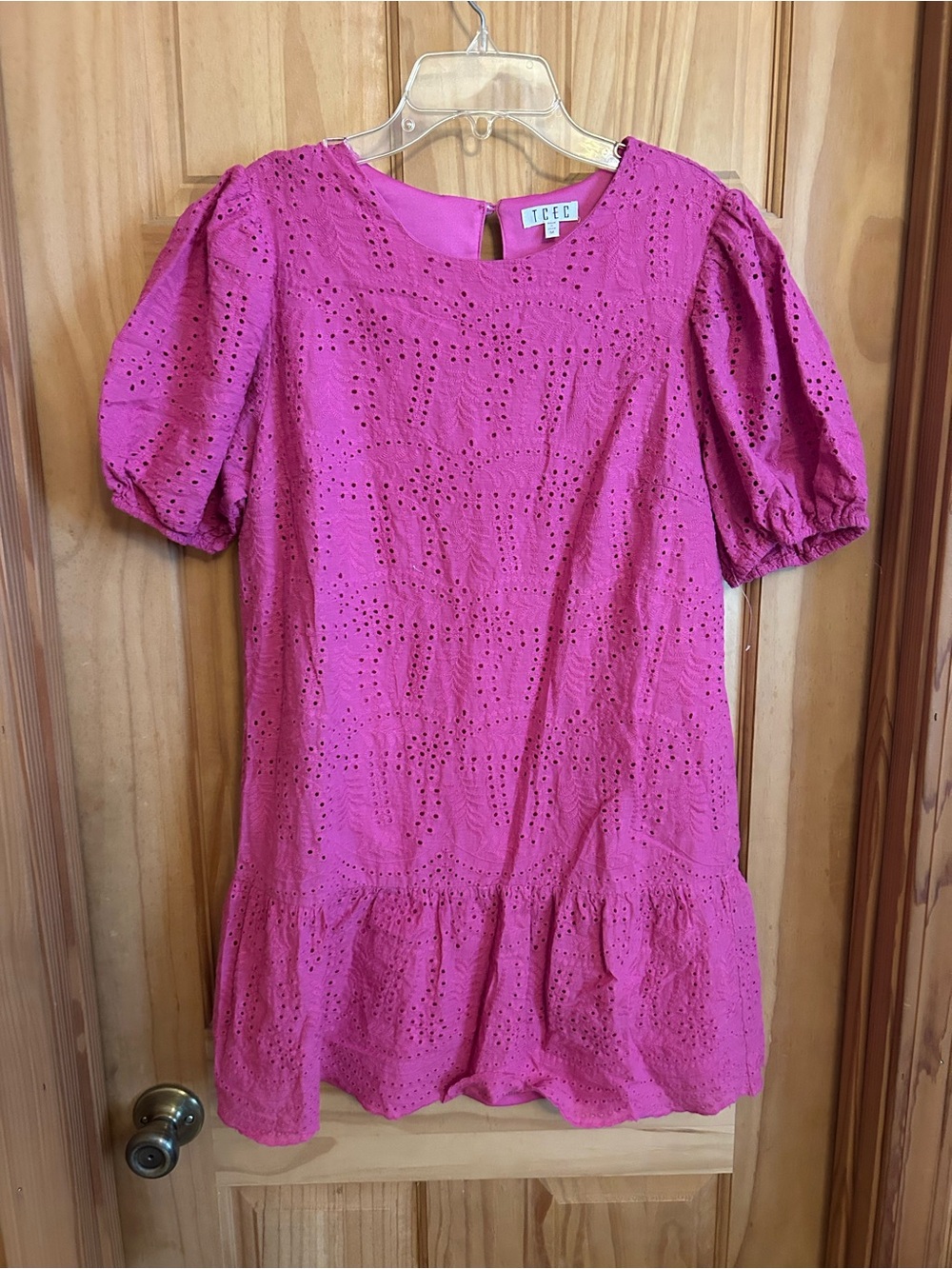 TCEC Fuchsia Eyelet Puff-Sleeve Mini Dress